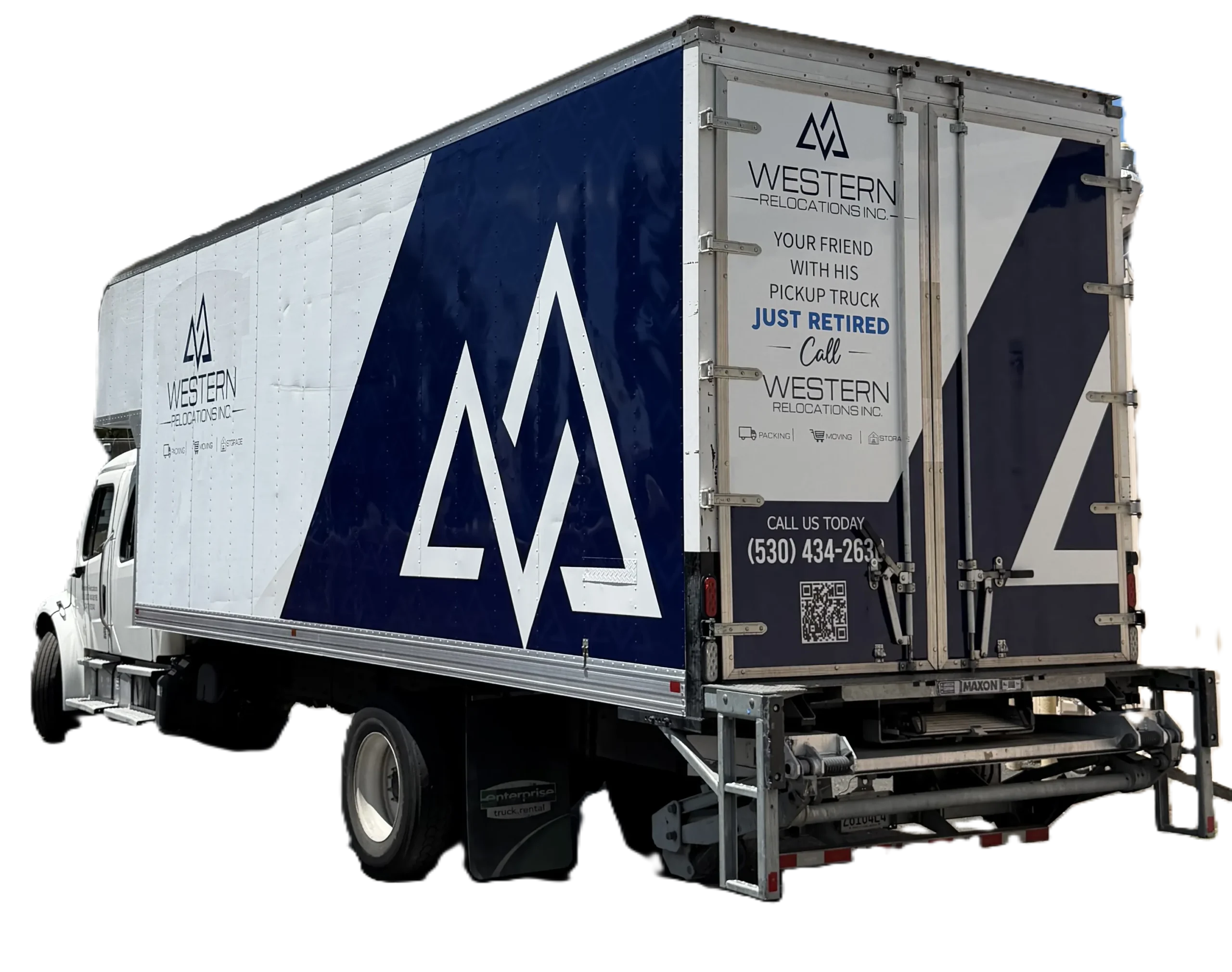Western Relocations moving truck with blue branding